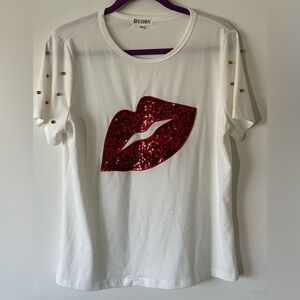 White Tee with Red Sequin Lips and Studded Sleeves